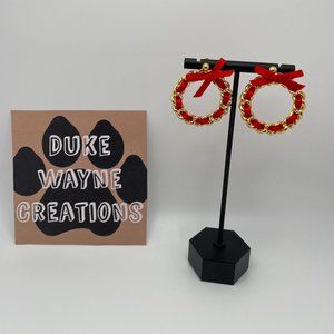 Vintage Gold Tone With Red Ribbon Wreath Pierced Earrings